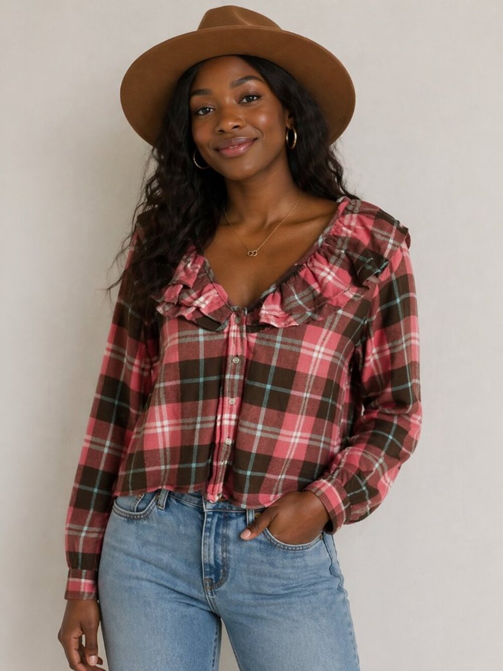 The Shirt Rochelle Behrens Sz S Plaid Ruffle Button Blouse Preppy Cottagecore
